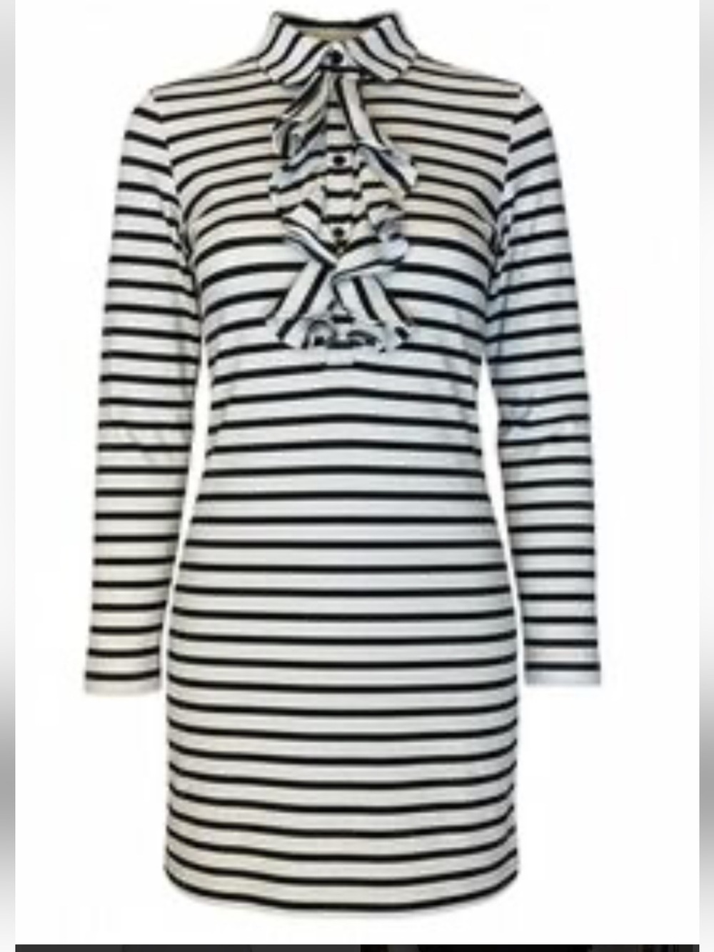 Harvey Faircloth Striped Navy & Cream Long Sleeve Ruffle Front Dress